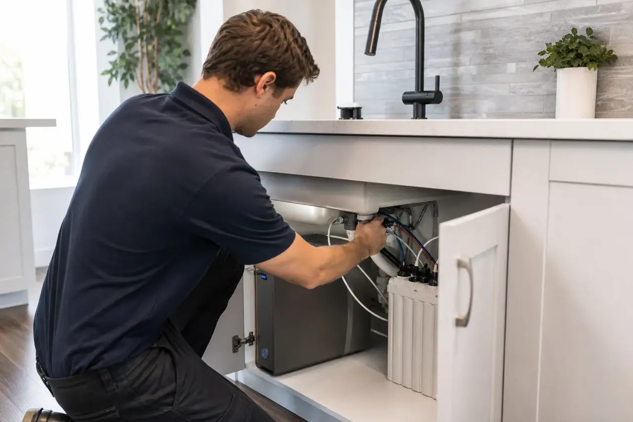 Technician connecting a multi-stage tankless under-sink reverse osmosis system inside a kitchen cabinet