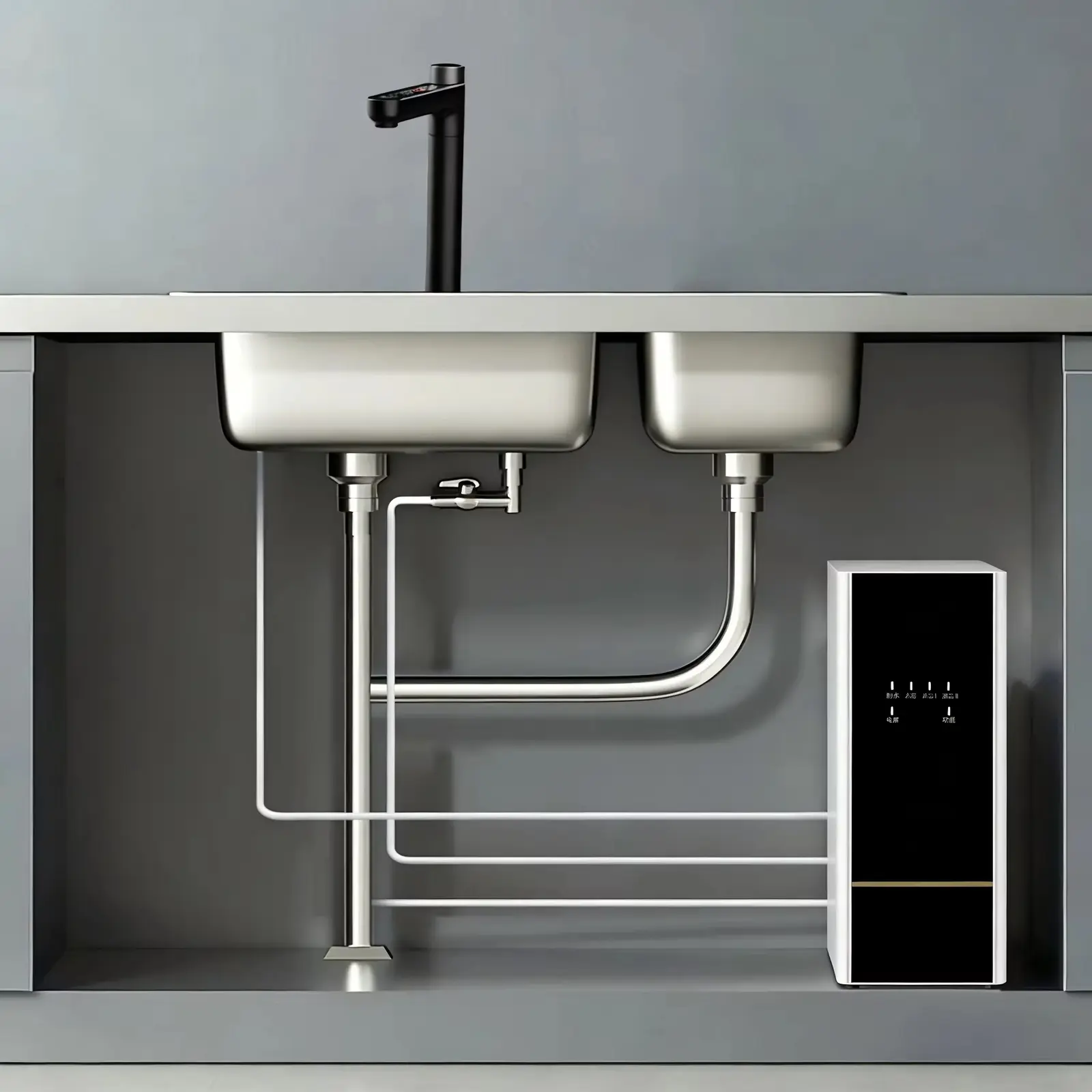 Reverse osmosis system professionally installed under a kitchen sink in Kitchener-Waterloo